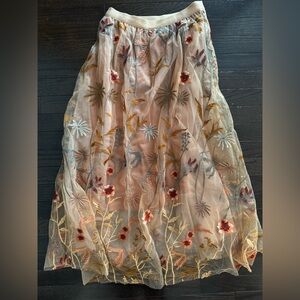 Chicwish Whimsical Flowers Embroidered Mesh Tulle Midi Skirt in Camel